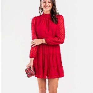 Altar’d State Rich Ruby Red Long Sleeve Tiered High Neck Swiss Dot Holiday Dress